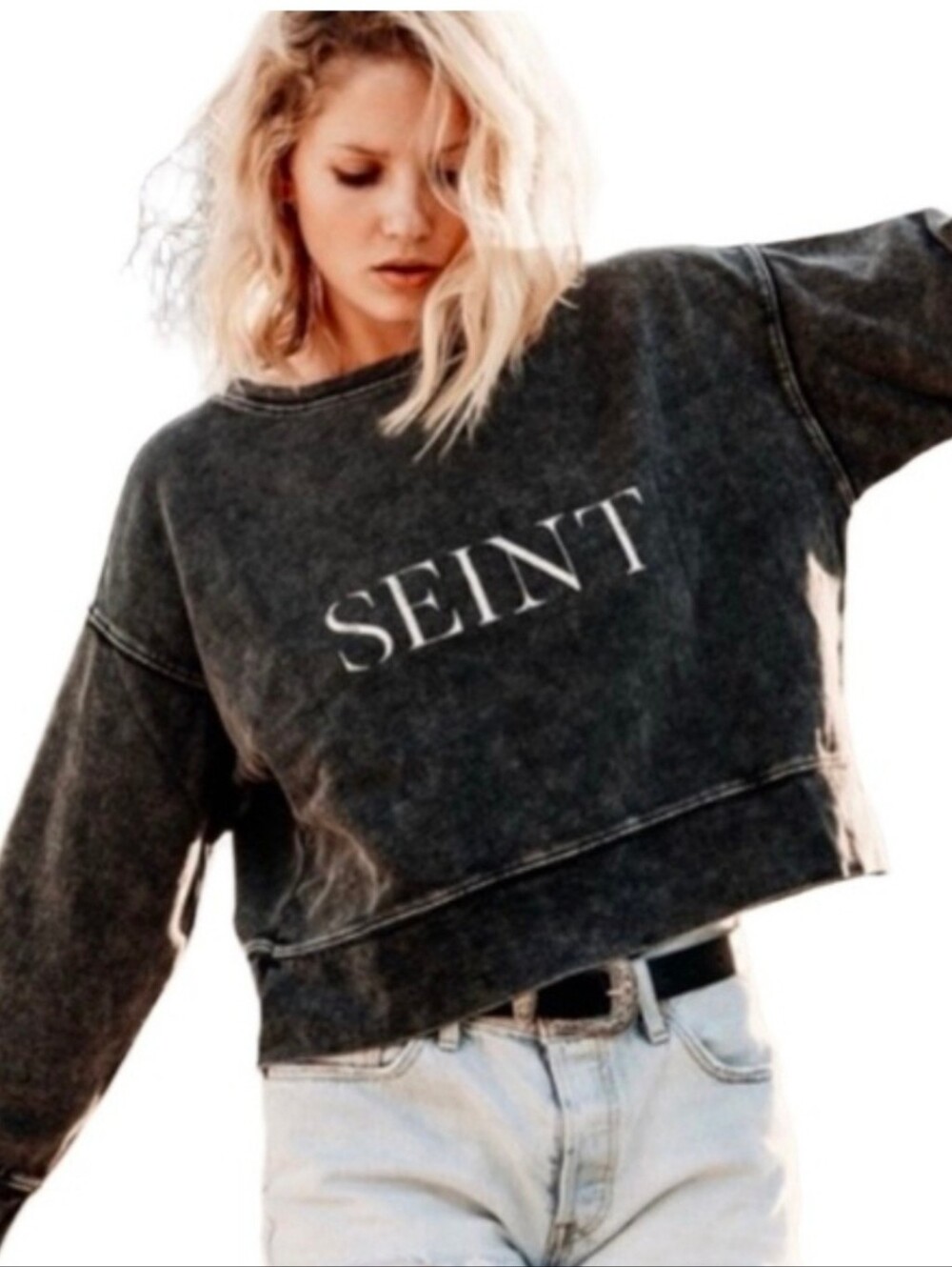 NWT Women Acid Washed Black Cropped Sweatshirt